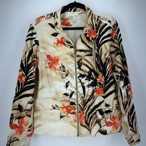 Chicos 2 Large Bomber Full Zip Jacket Artsy Print Multicolor Boho Floral Casual